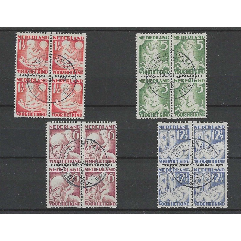 Netherlands R86-89 Child Welfare 1930 syncopated perforation blocks of 4 VFU/used  CV 150+ €