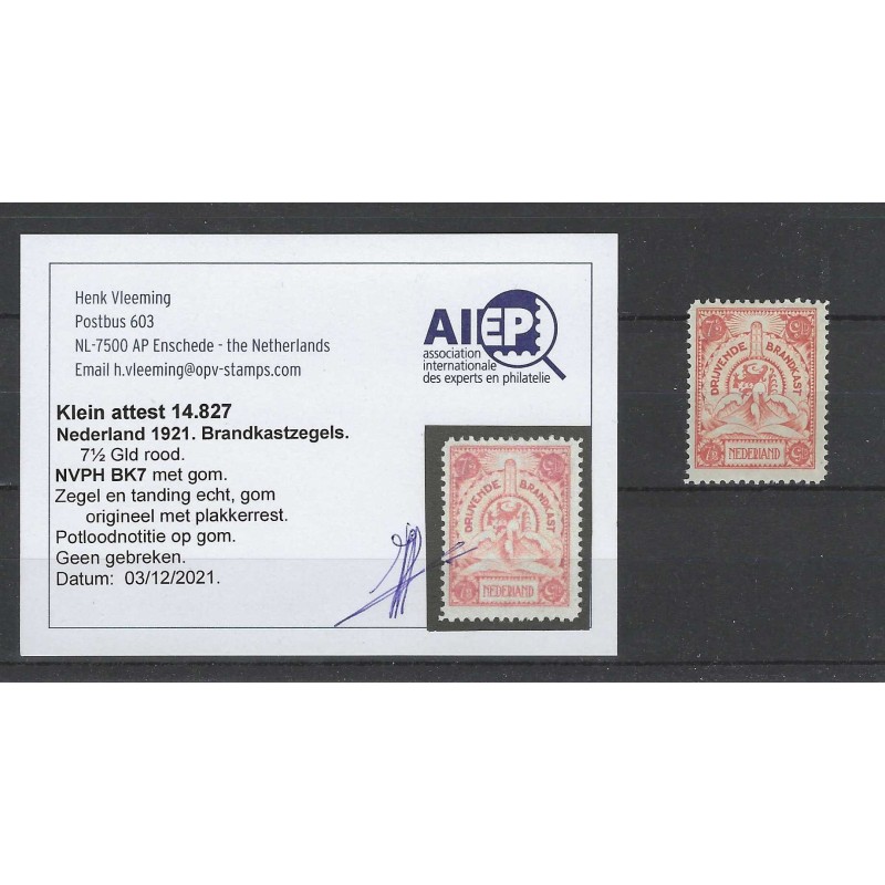 Netherlands BK7  Brandkast 7,5 Gld  MH/unused CV  330 € Certificate Vleeming !!