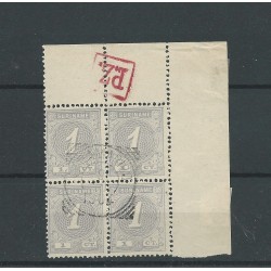 Suriname 16 Hoekblock with Velrandteken P.Z. in red VFU/used  CV  ?? €