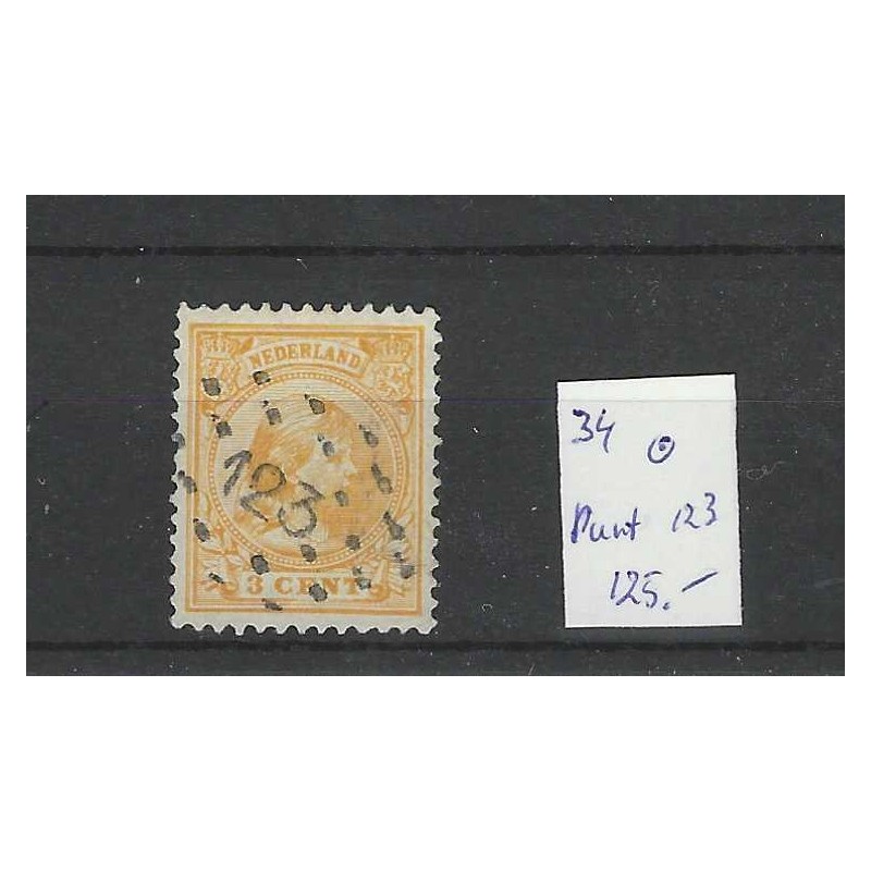 Nederland 34 Wilhelmina met puntstempel 123 VFU/gebr CV 125 € Nederland 34 Wilhelmina met puntstempel 123 VFU/gebr CV 125 €