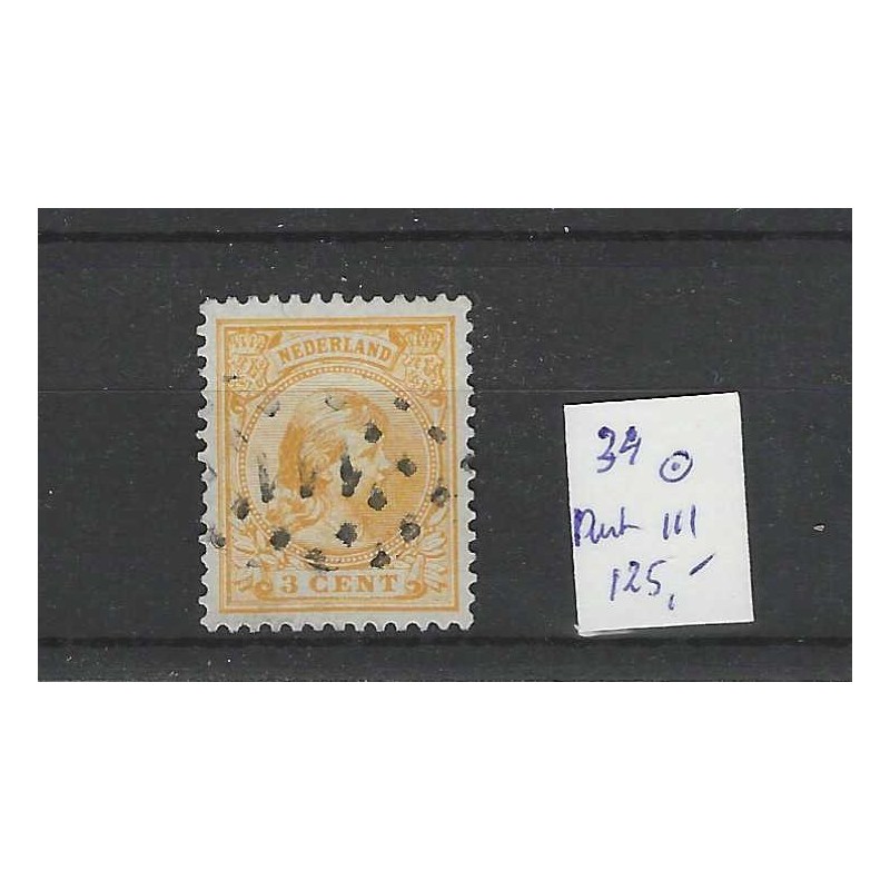 Netherlands 34 Wilhelmina with numeral dot cancel 111 VFU/used  CV 125 €