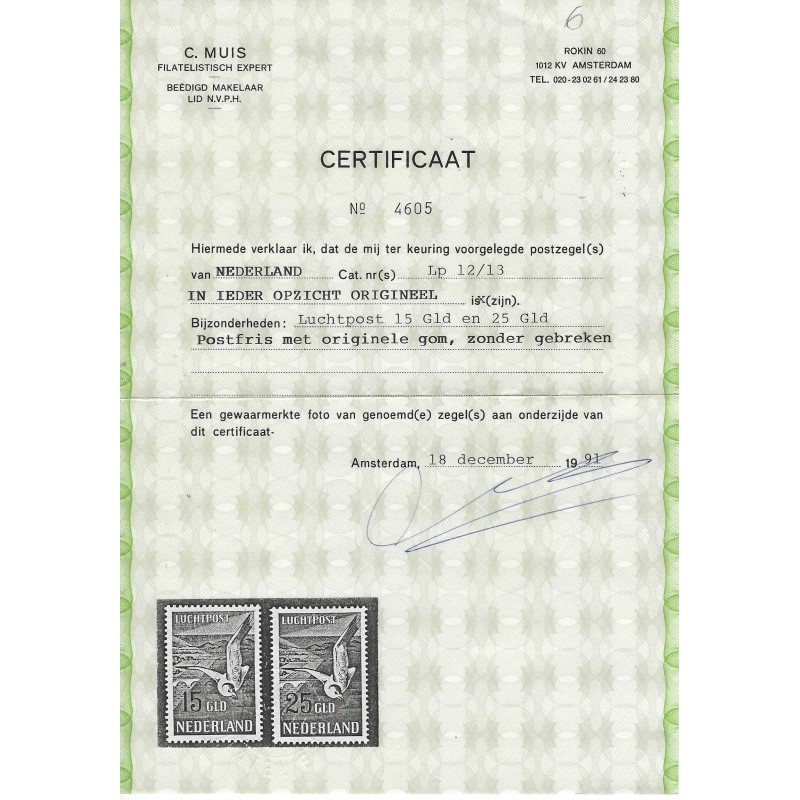 Netherlands  LP12-13 Meeuwen Airmail MNH  CV 600 € Cerificaat !!