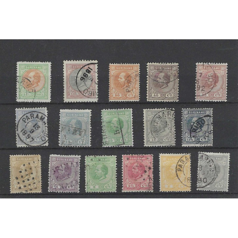 Suriname 1-15 Willem III 1873 set VFU/gebr CV 407 € Suriname 1-15 Willem III 1873 set VFU/gebr CV 407 €