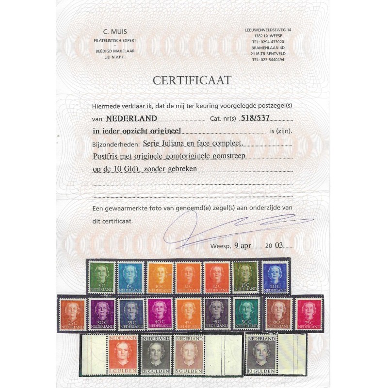 Netherlands 518/533, 534/537 Juliana EN FACE MNH CV 1175 € Certificate!