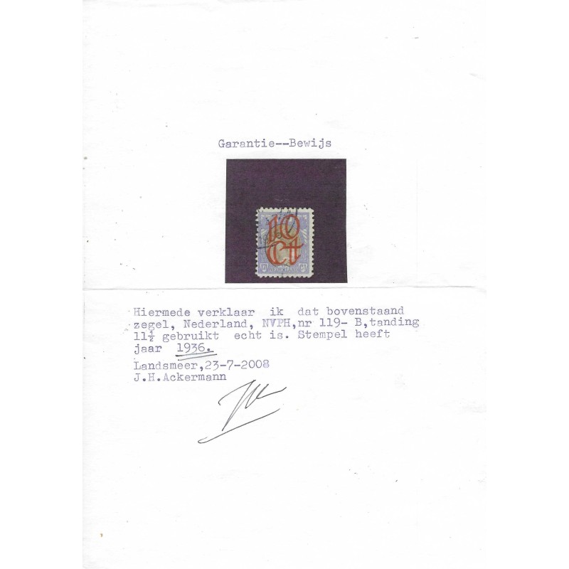 Nederland  119B Opruimingsuitgifte VFU/gebruikt   CV 1000 € met attest !