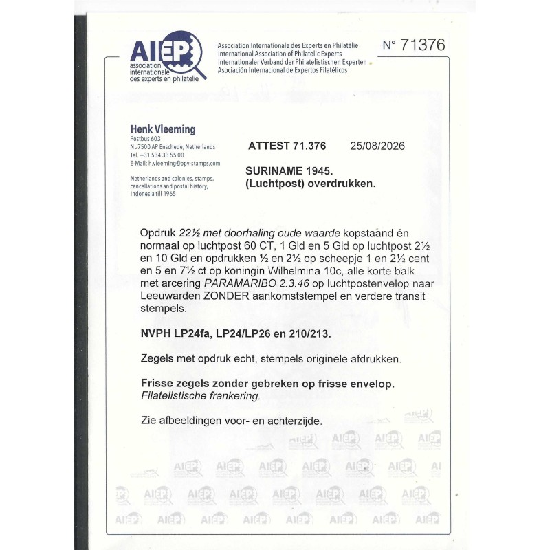 Suriname LP24fa, LP24/26, 210/213  KOP-staande opdruk op brief naar Holland CV ??? € Certificaat !