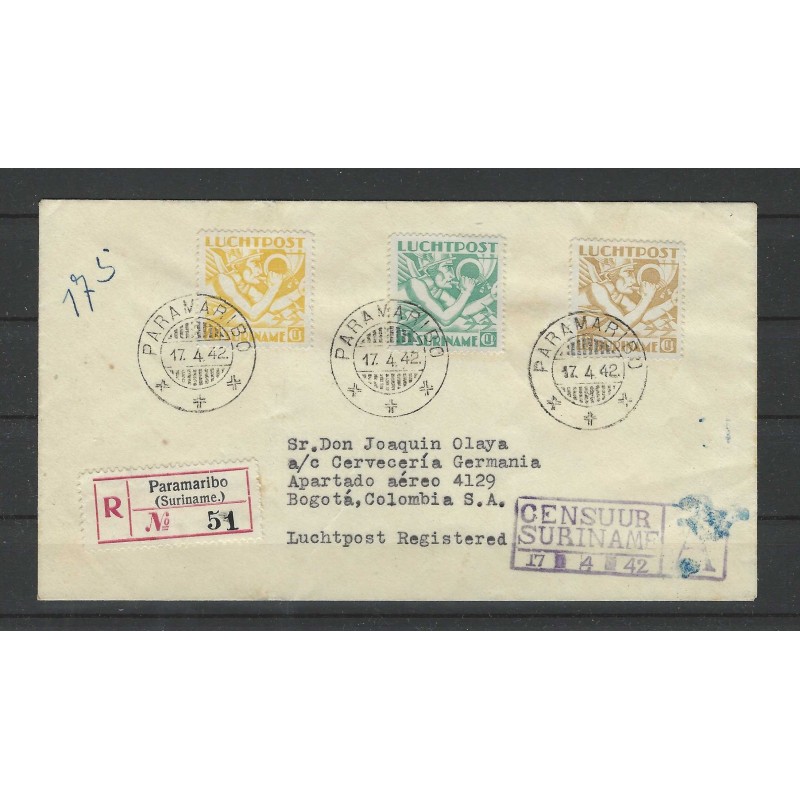 Suriname LP17/19  Mercuriuskop on cover to Columbia CV ??? € Certificate !
