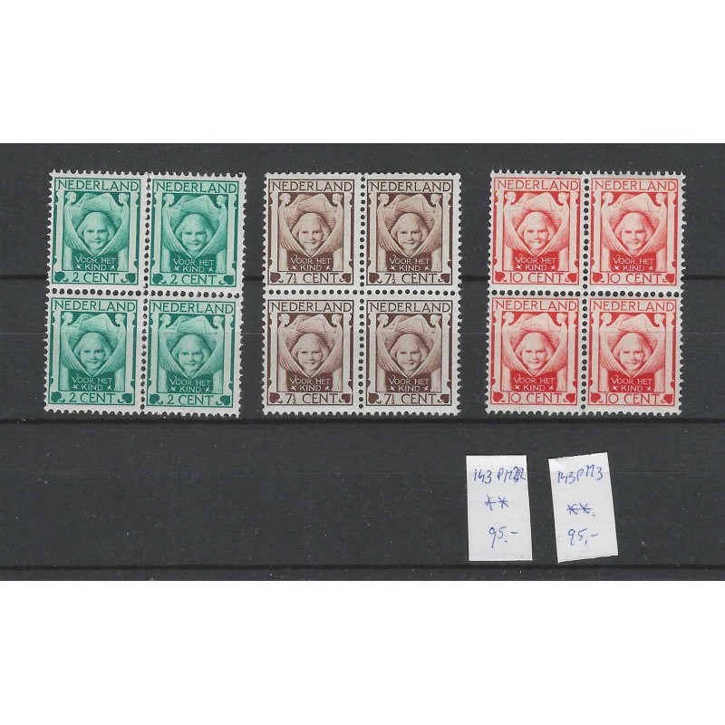 Nederland 141-143 Kind 1924 blokjes van 4 MNH/postfris  CV 200+ € + 2 plaatfouten