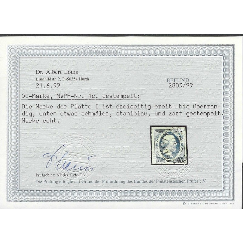 Nederland 1c  Willem III 1852 "ROTTERDAM-B" VFU/gebr  CV 180+ €