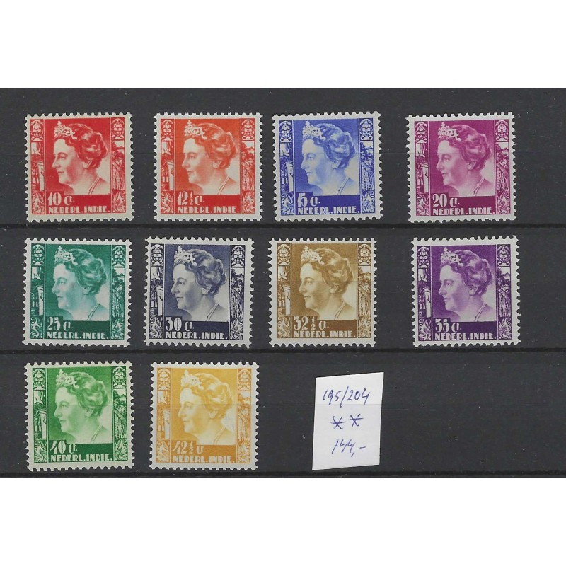 Ned. Indië 195-204 Wilhelmina  z. wm.  MNH/postfris  CV 141 €