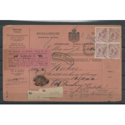 Netherlands 42 block of 4 on PARCEL CARD to Duitsland VFU/used  CV  240+ €