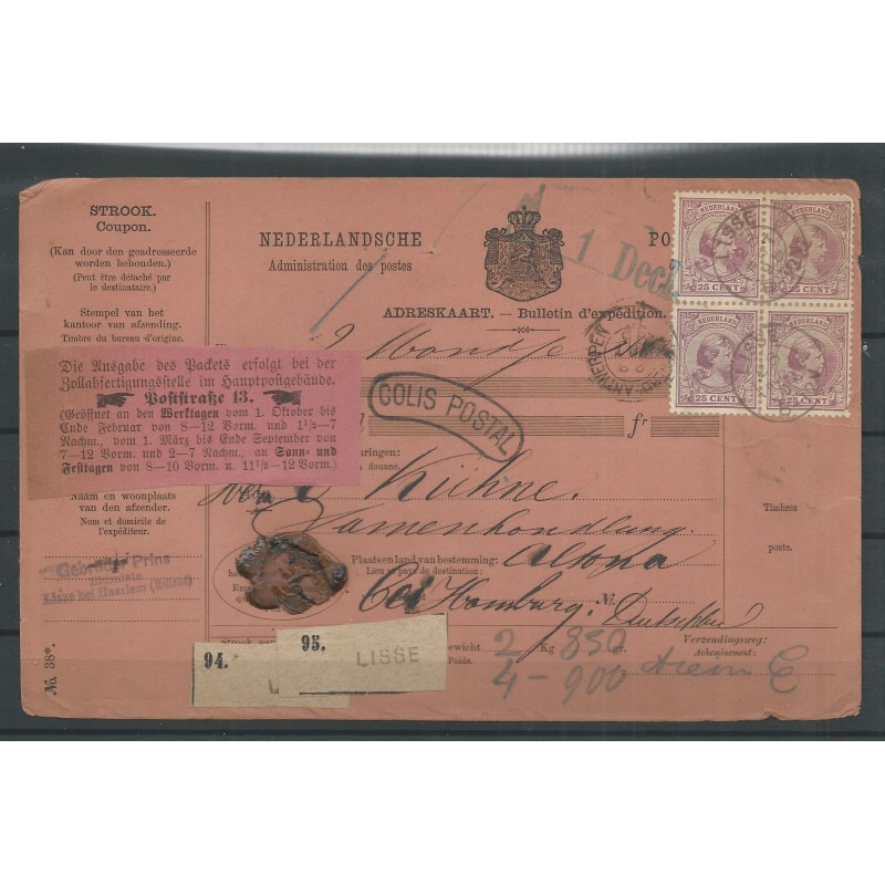 Netherlands 42 block of 4 on PARCEL CARD to Duitsland VFU/used  CV  240+ €