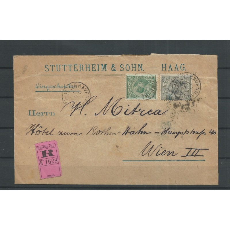 Nederland 38 en 41 op R-Mengfrankering Den Haag-Wenen 1894  CV 225 €