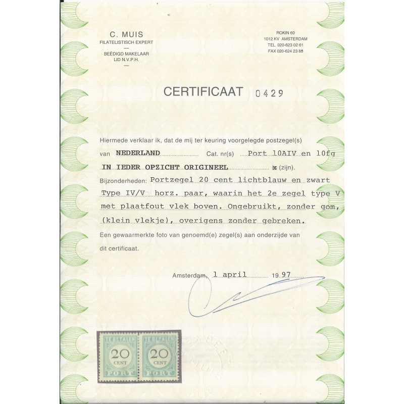 Netherlands P10-AIV/P10fg pair plate flaw  MH/unused  CV 425 €  Certificate