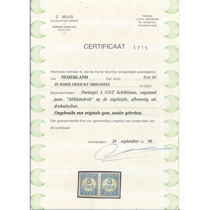 Netherlands P69 pair IMPERFORATE !!  MH/unused   CV ?? € Certificate !!!