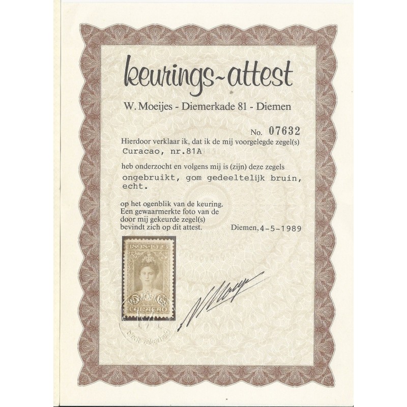 Curaçao 81A  Wilhelmina  5Gld  MH/unused CV 750 €  Certificate !!!