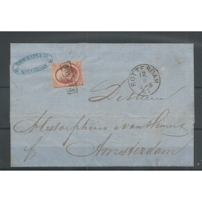 Netherlands 5 on cover Rotterdam-Amsterdam 1865 VFU/used  CV 40+ €