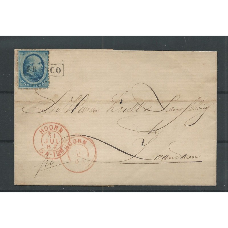 Netherlands  4 on cover HOORN-ZAANDAM1867  VFU/used  CV 100+ €