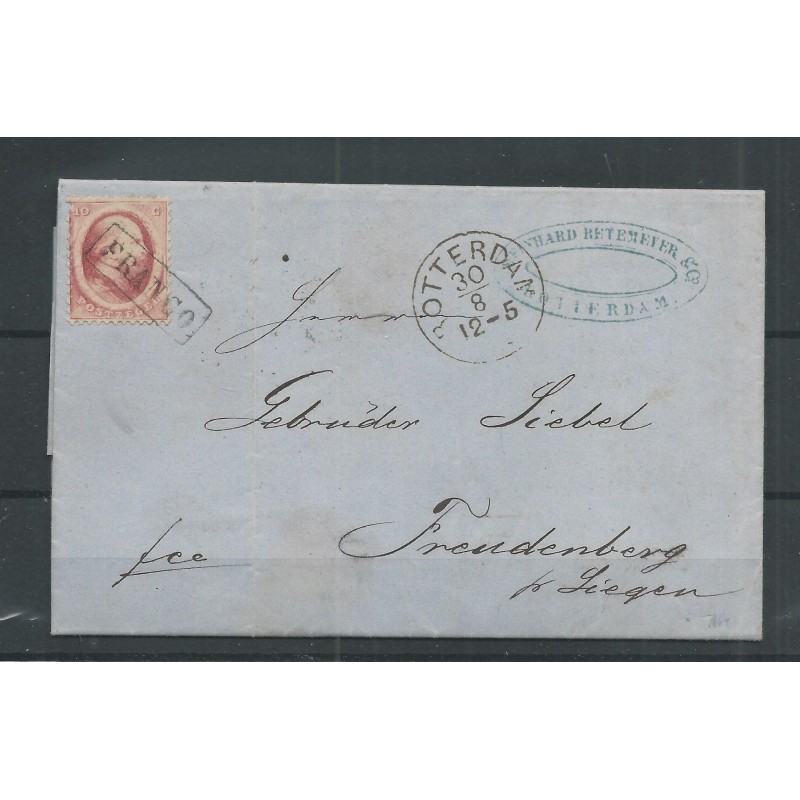 Nederland  5 op brief 1864 ROTTERDAM-SIEGEN VFU/gebr  CV 50+ €
