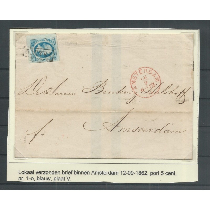 Nederland 1o  plt V RANDZEGEL op brief lokaal AMSTERDAM  CV 80 €