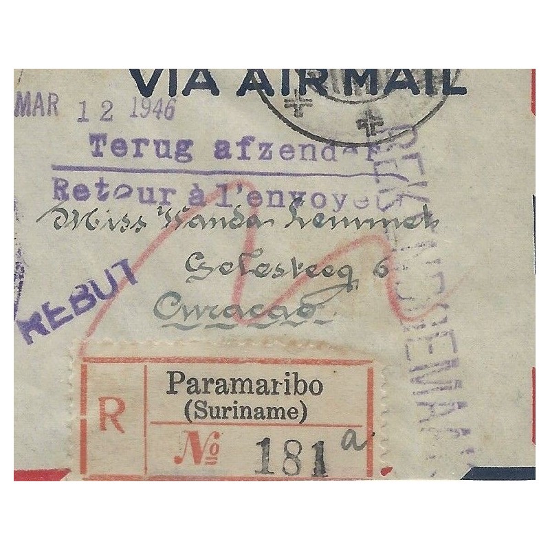 Suriname LP27-28 Rode Kruis op R-Brief Curacao en terug Suriname VFU/gebr  CV 100+ €