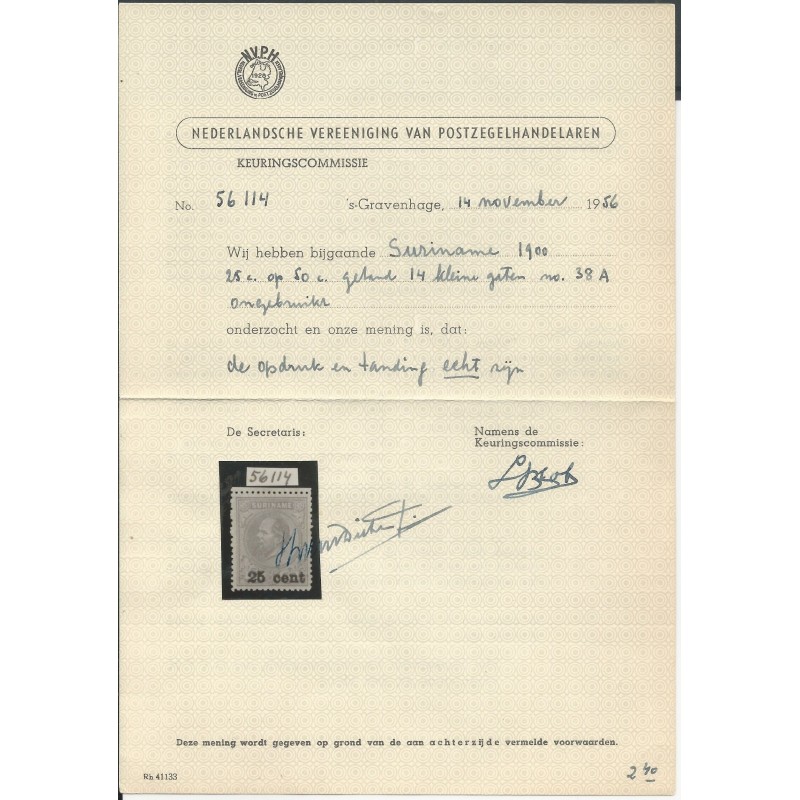 Suriname 38A Provisional issue MH/unused CV 170 € Certificate !!