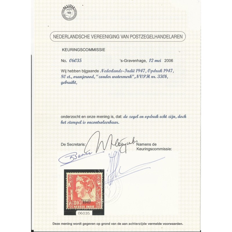 Dutch East Indies 330b Provisional issue   VFU/used CV 300  €  certificate !!