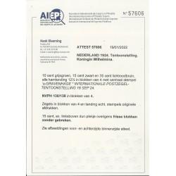 Netherlands 136-138 Tentoonstelling in blokkeen of 4 VFU/used  CV 640 € Certificate Vleeming!