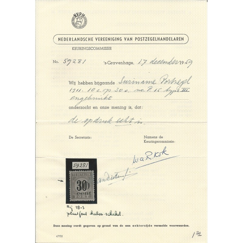 Suriname P15-III  with plate flaw Postage due 1911  MH/unused CV 120++ € with Certificate !