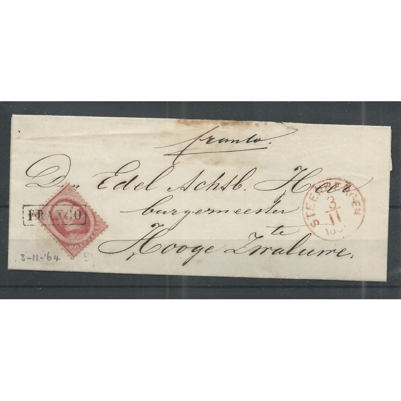 Netherlands 5 on cover STEENBERGEN-HOGE ZWALUWE 1864 VFU/used  CV 100 €