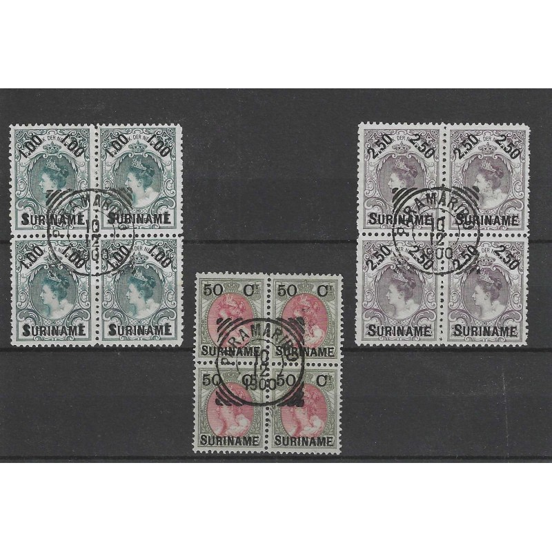 Suriname 34-36 Provisional issue blocks of 4 VFU/used  CV 180 €